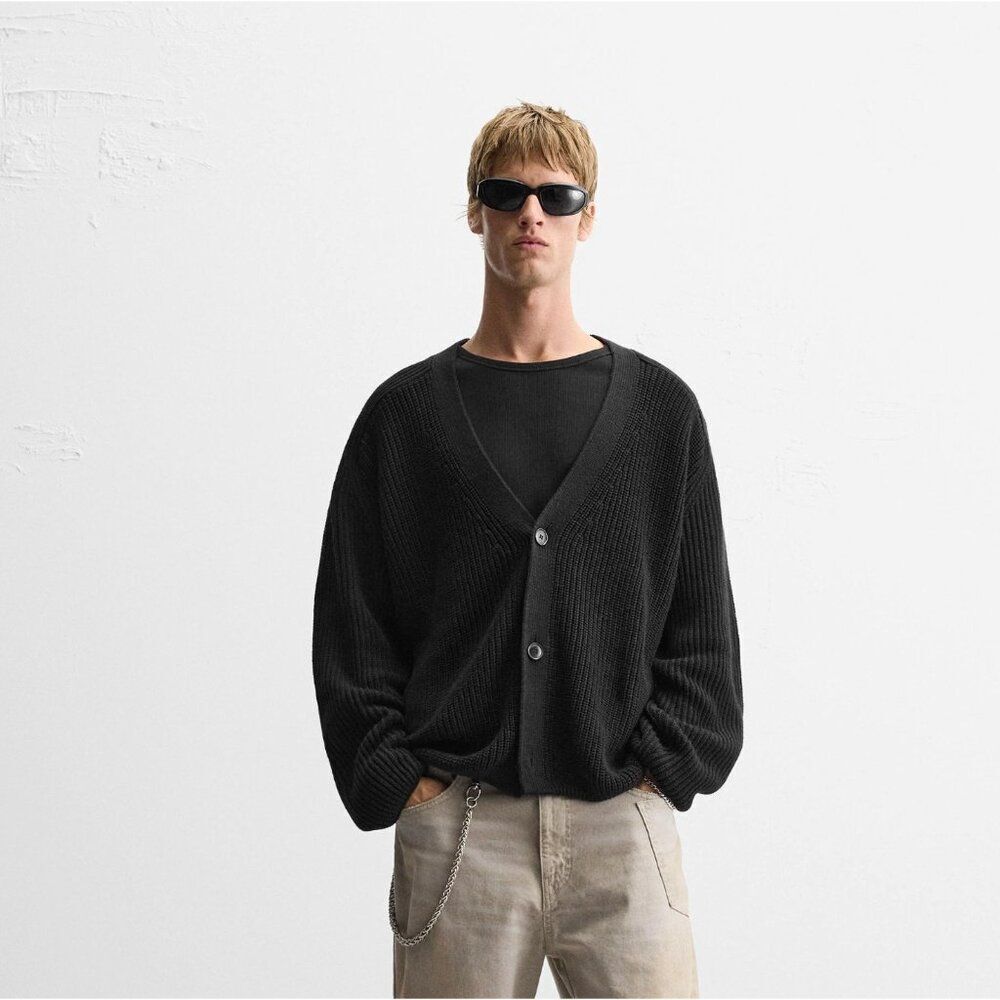 Zara Mens Sweater L XL Black Knit Button Front Cardigan Ribbed 1023/313 NWOT